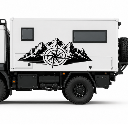 Berge mit Kompass Aufkleber für Wohnmobil, Camper & Offroad – Wetterfester Vanlife Sticker aus ORACAL® Folie