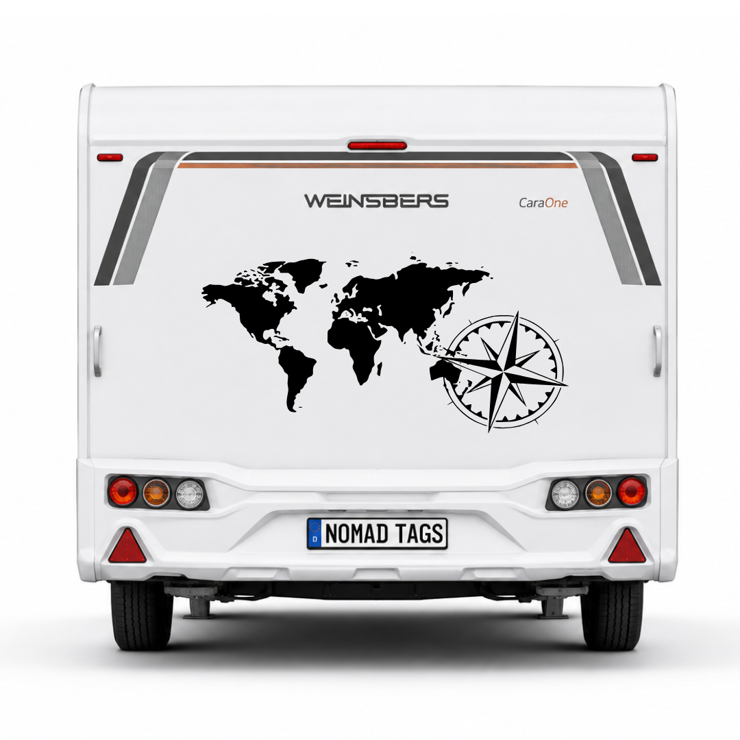 Weltkarte mit Kompass Wohnmobil Aufkleber