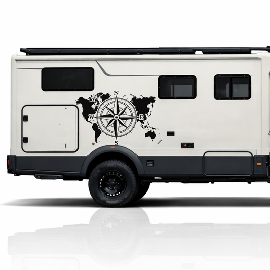 Weltkarte Kompass Aufkleber für Camper & Wohnmobil | Vanlife Fahrzeugaufkleber aus ORACAL® Markenfolie