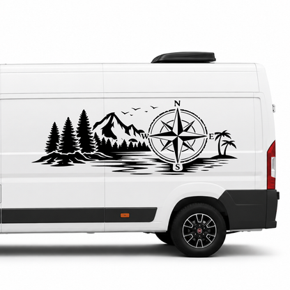 Wald & Palmen mit Kompass Aufkleber für Wohnmobil, Camper & Van – Wetterfester Vanlife Sticker aus ORACAL® Folie
