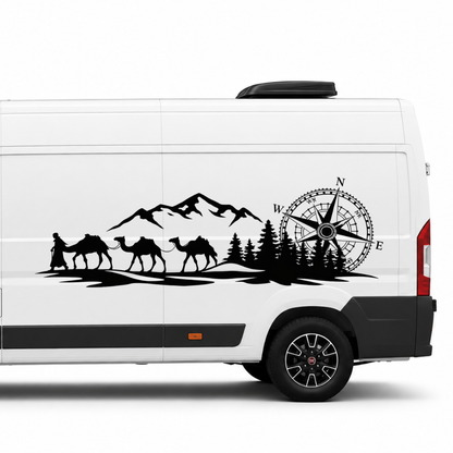 Karawane mit Bergen & Kompass Aufkleber für Wohnmobil, Camper & Offroad – Wetterfester Vanlife Sticker aus ORACAL® Folie