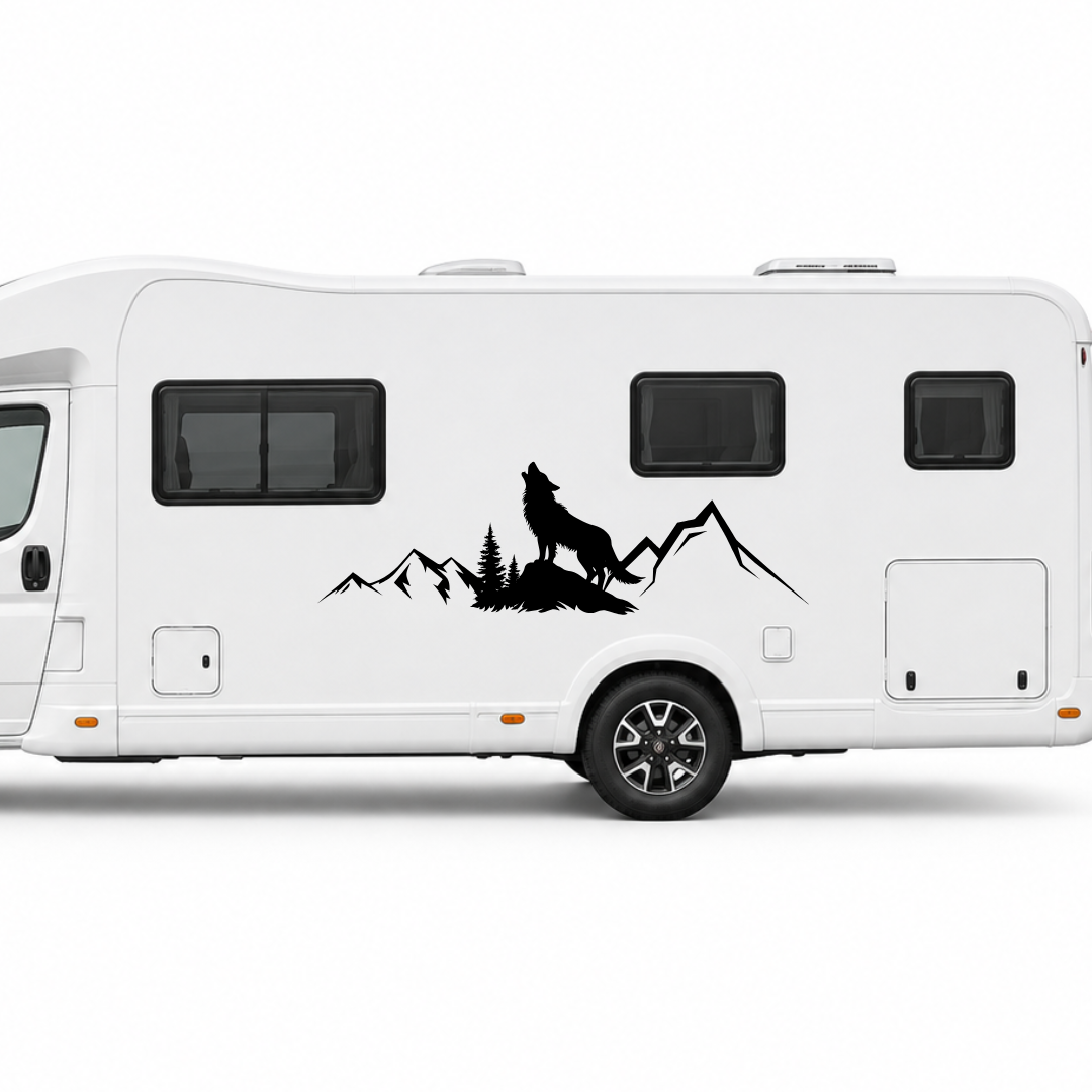 Wolf & Berge Aufkleber für Wohnmobil, Wohnwagen und Camper
