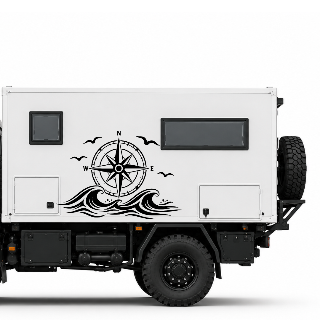 Kompass mit Wellen & Möwen Aufkleber für Wohnmobil, Wohnwagen und Camper | Maritimer Fahrzeugaufkleber