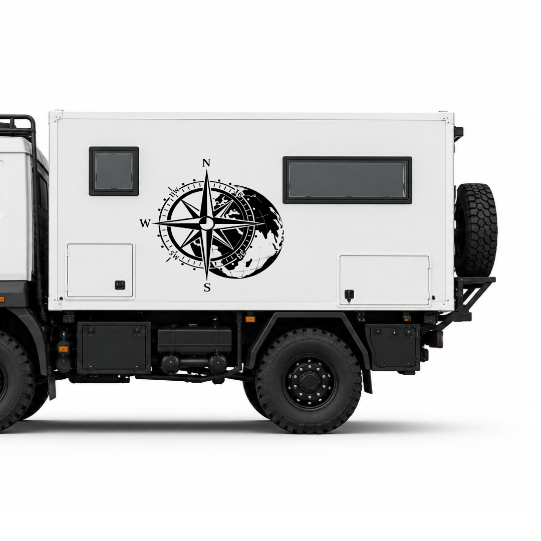 Kompass mit Weltkarte Aufkleber für Wohnmobil, Wohnwagen & Camper | Weltreise-Fahrzeugaufkleber