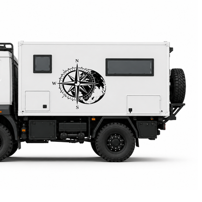 Kompass mit Weltkarte Aufkleber für Wohnmobil, Wohnwagen & Camper | Weltreise-Fahrzeugaufkleber
