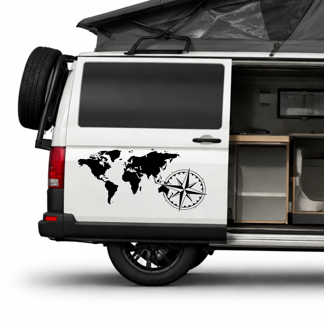 Weltkarten Aufkleber mit Kompass für Wohnmobil, Camper & Van | ORACAL® Premiumfolie