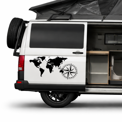 Weltkarten Aufkleber mit Kompass für Wohnmobil, Camper & Van | ORACAL® Premiumfolie