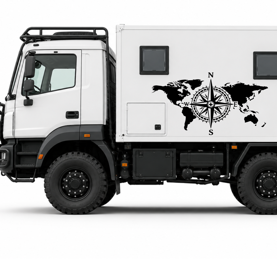 Weltkarte mit Kompass Aufkleber für Wohnmobil, Wohnwagen & Camper