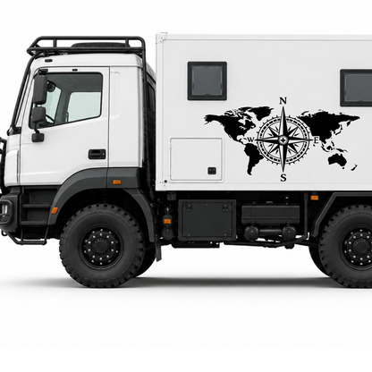 Weltkarte mit Kompass Aufkleber für Wohnmobil, Wohnwagen & Camper