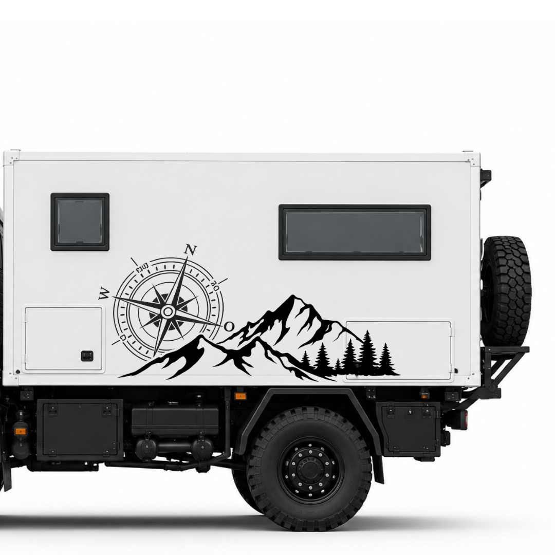 Camper Aufkleber Kompass Berge & Wald