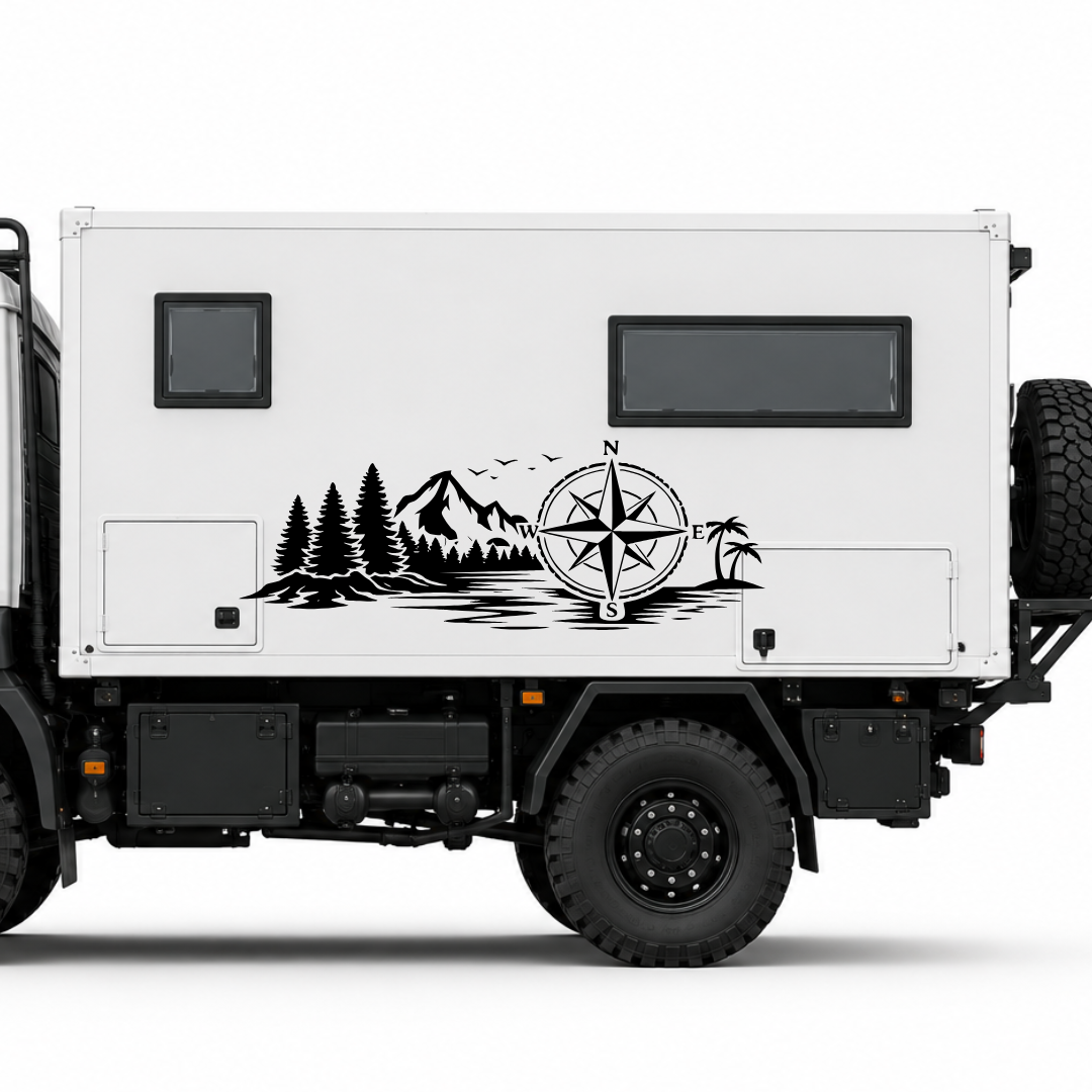 Wald & Palmen mit Kompass Aufkleber für Wohnmobil, Camper & Van – Wetterfester Vanlife Sticker aus ORACAL® Folie