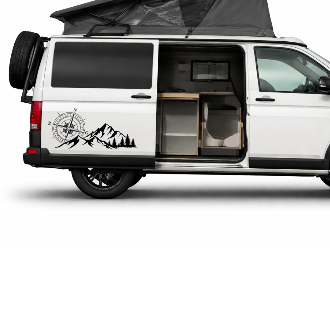 Camper Aufkleber Kompass Berge & Wald