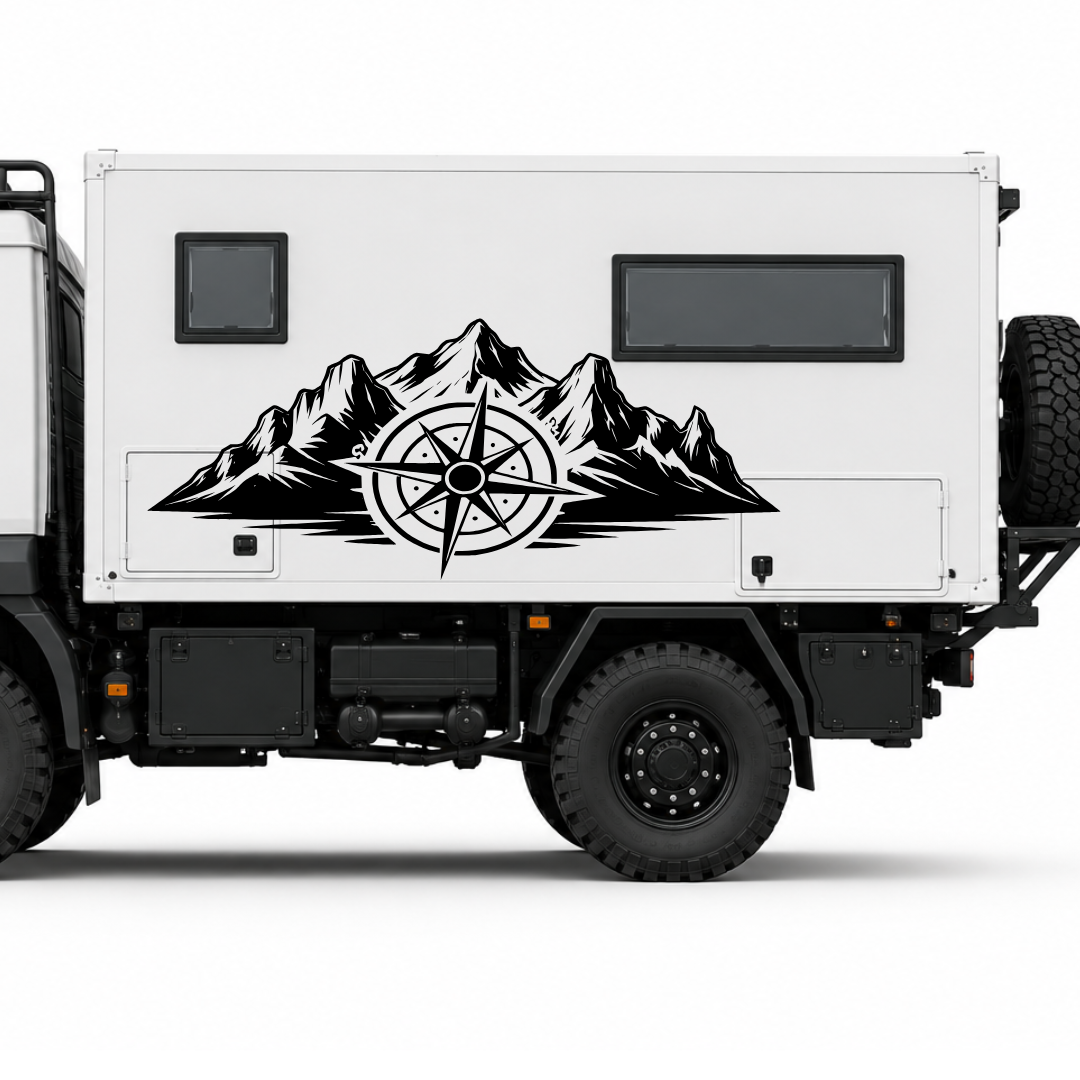 Berge mit Kompass Aufkleber für Wohnmobil, Camper & Offroad – Wetterfester Vanlife Sticker aus ORACAL® Folie