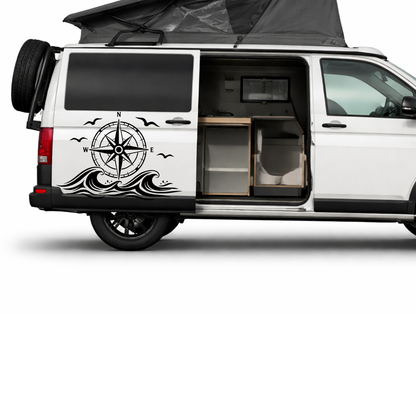Kompass mit Wellen & Möwen Aufkleber für Wohnmobil, Wohnwagen und Camper | Maritimer Fahrzeugaufkleber