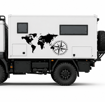 Weltkarten Aufkleber mit Kompass für Wohnmobil, Camper & Van | ORACAL® Premiumfolie