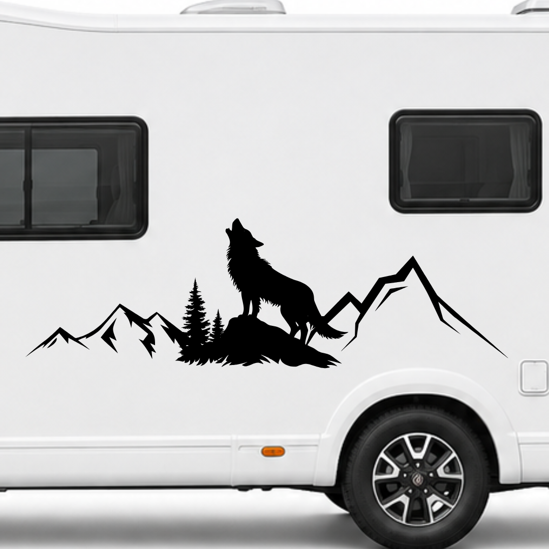 Wolf & Berge Aufkleber für Wohnmobil, Wohnwagen und Camper