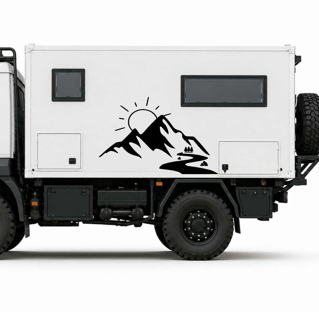 Berge mit Fluss Aufkleber für Wohnmobil, Camper & Offroad – Wetterfester Vanlife Sticker aus ORACAL® Folie