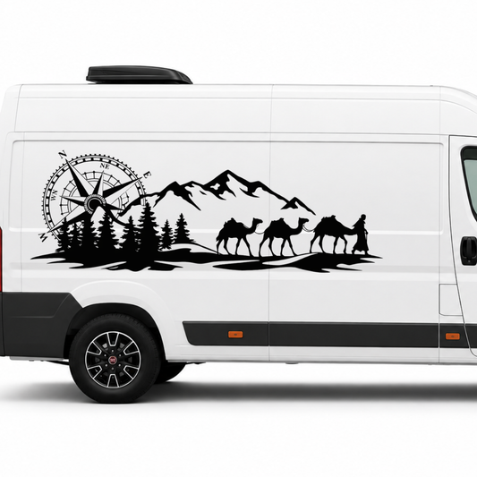 Karawane mit Bergen & Kompass Aufkleber für Wohnmobil, Camper & Offroad – Wetterfester Vanlife Sticker aus ORACAL® Folie