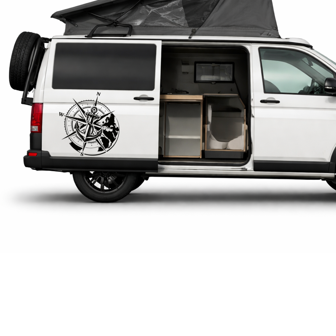 Kompass, Anker & Weltkugel – Camper Aufkleber