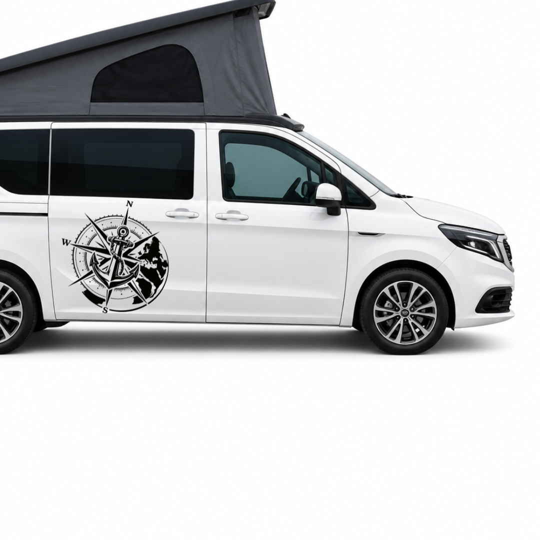 Kompass, Anker & Weltkugel – Camper Aufkleber