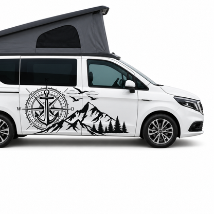 Camper Aufkleber Kompass Anker Berge & Wald