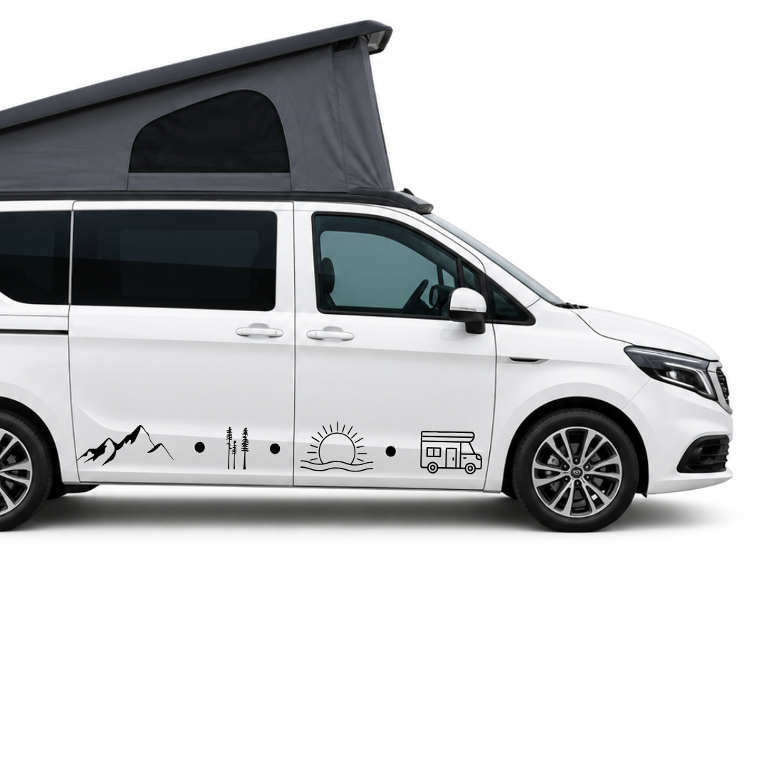 Camping Symbole Aufkleber mit Bergen, Wald, Sonne & Wohnmobil | Camper- und Wohnwagen-Aufkleber aus ORACAL® Folie
