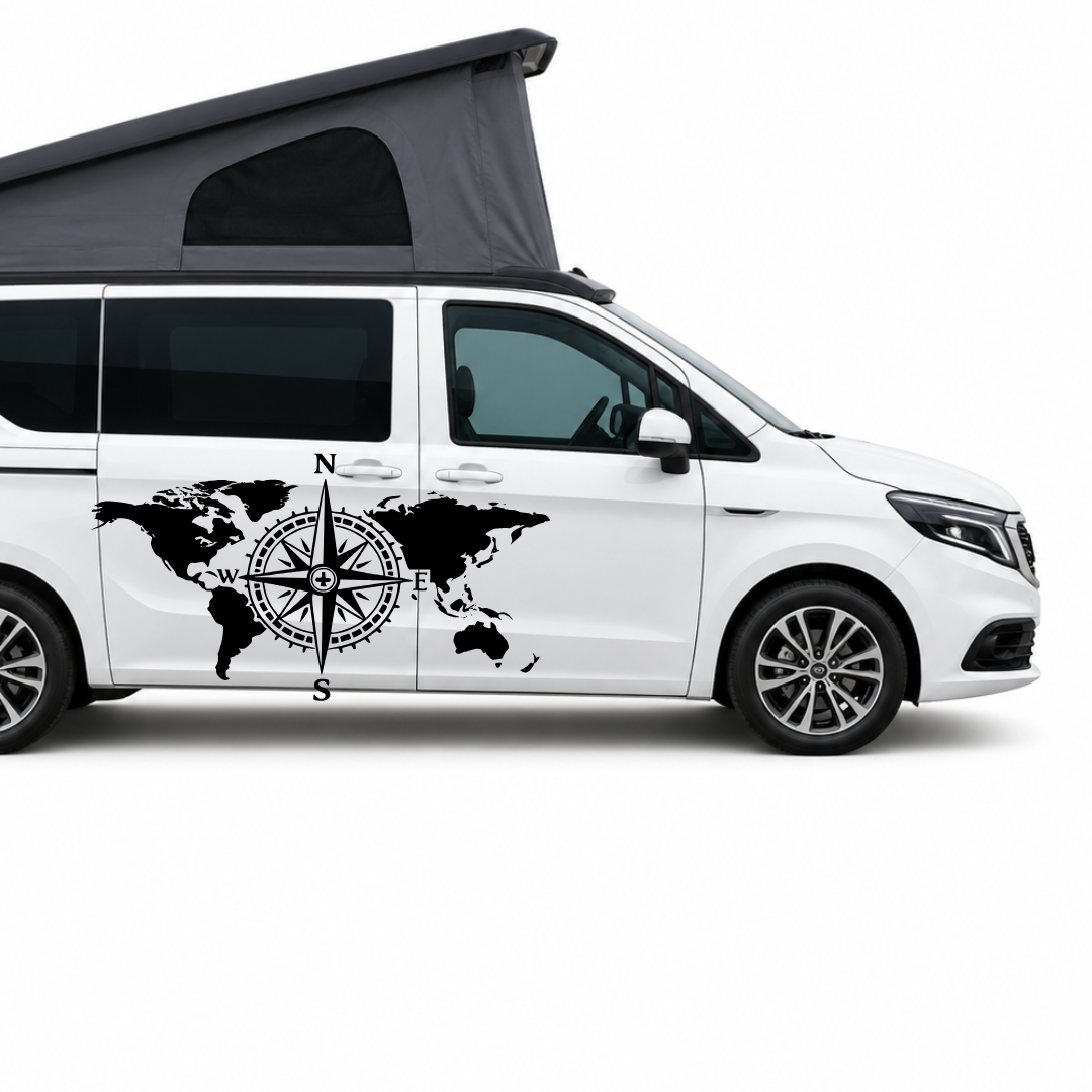 Weltkarte mit Kompass Aufkleber für Wohnmobil, Wohnwagen & Camper