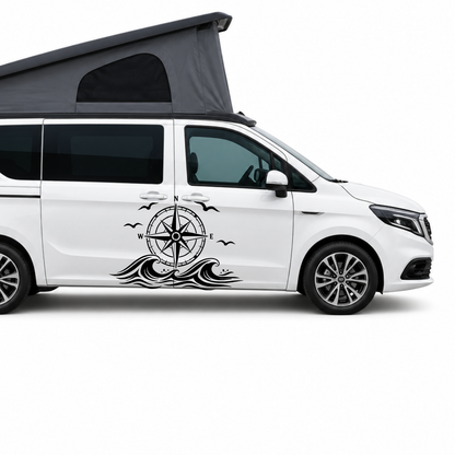 Kompass mit Wellen & Möwen Aufkleber für Wohnmobil, Wohnwagen und Camper | Maritimer Fahrzeugaufkleber