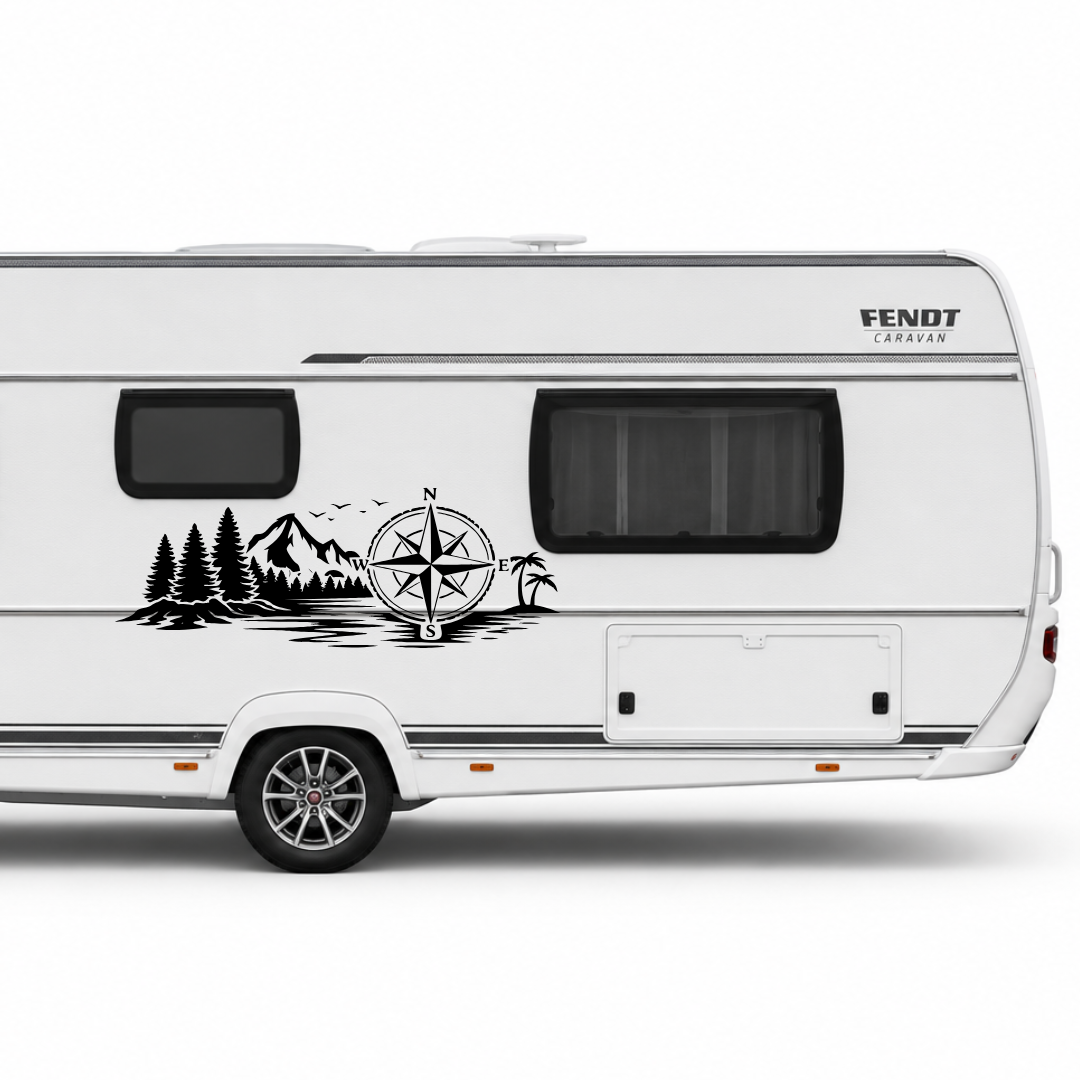 Wald & Palmen mit Kompass Aufkleber für Wohnmobil, Camper & Van – Wetterfester Vanlife Sticker aus ORACAL® Folie