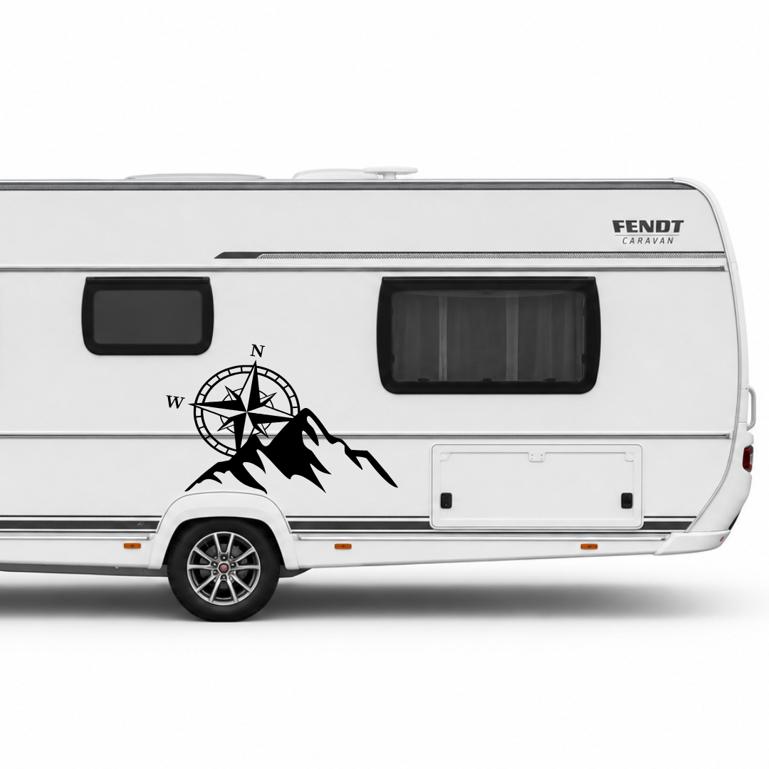 Kompass Berge Wohnwagen Aufkleber | Camping Aufkleber für Wohnmobil & Caravan | ORACAL® Premiumfolie