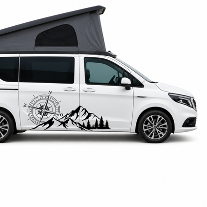 Camper Aufkleber Kompass Berge & Wald