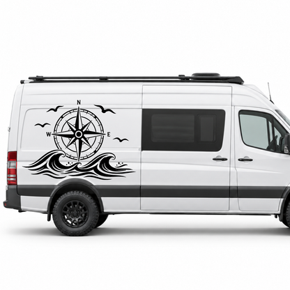 Kompass mit Wellen & Möwen Aufkleber für Wohnmobil, Wohnwagen und Camper | Maritimer Fahrzeugaufkleber