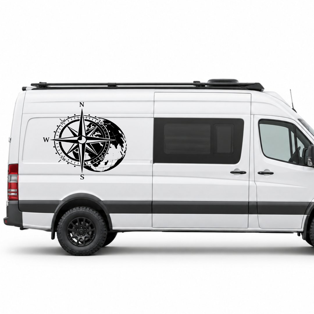 Kompass mit Weltkarte Aufkleber für Wohnmobil, Wohnwagen & Camper | Weltreise-Fahrzeugaufkleber