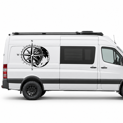 Kompass mit Weltkarte Aufkleber für Wohnmobil, Wohnwagen & Camper | Weltreise-Fahrzeugaufkleber