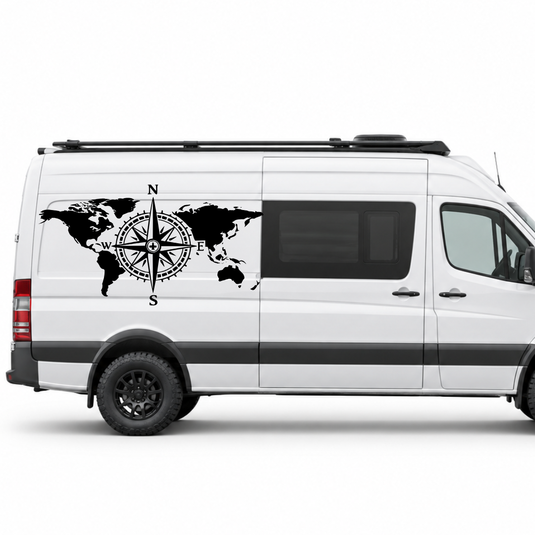 Weltkarte mit Kompass Aufkleber für Wohnmobil, Wohnwagen & Camper