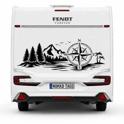 Wald & Palmen mit Kompass Aufkleber für Wohnmobil, Camper & Van – Wetterfester Vanlife Sticker aus ORACAL® Folie