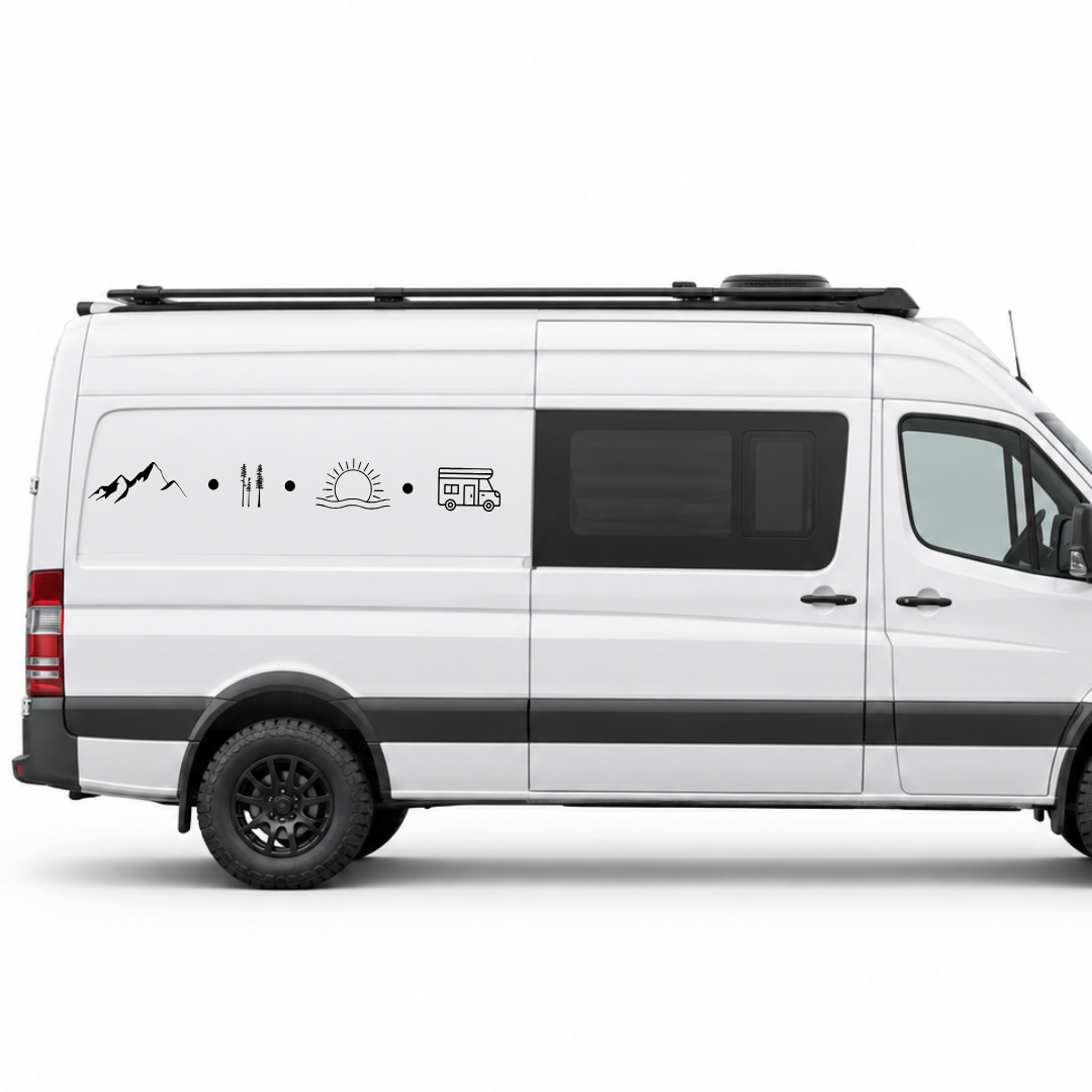 Camping Symbole Aufkleber mit Bergen, Wald, Sonne & Wohnmobil | Camper- und Wohnwagen-Aufkleber aus ORACAL® Folie