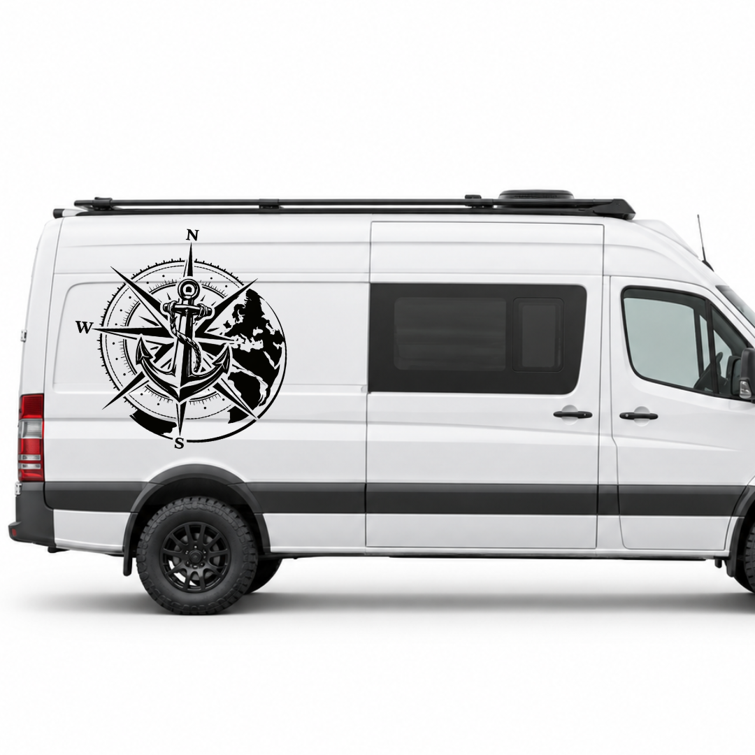 Kompass, Anker & Weltkugel – Camper Aufkleber