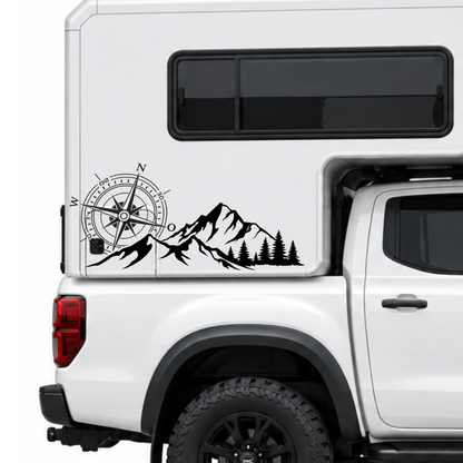 Camper Aufkleber Kompass Berge & Wald