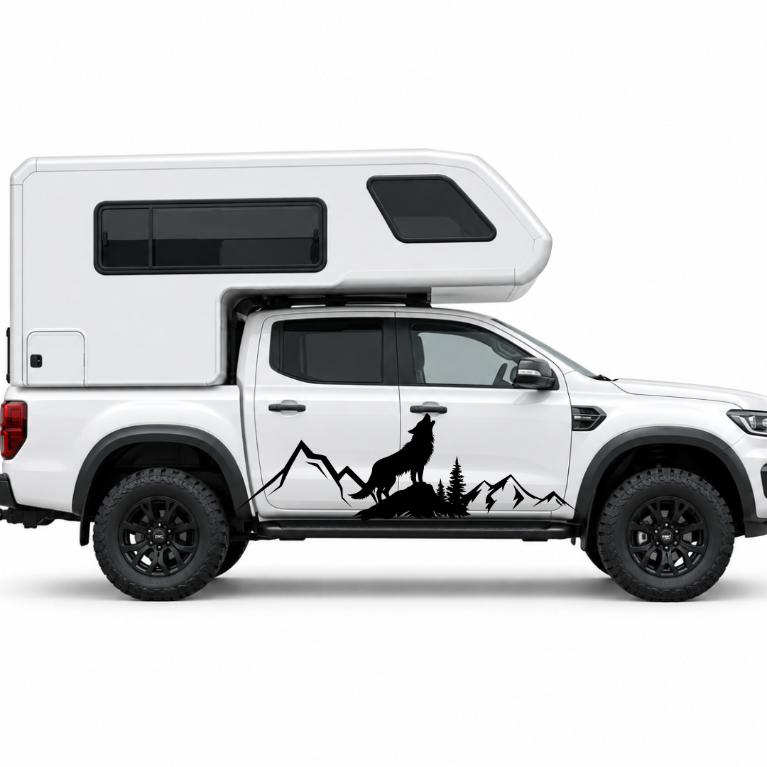 Wolf & Berge Aufkleber für Wohnmobil, Wohnwagen und Camper
