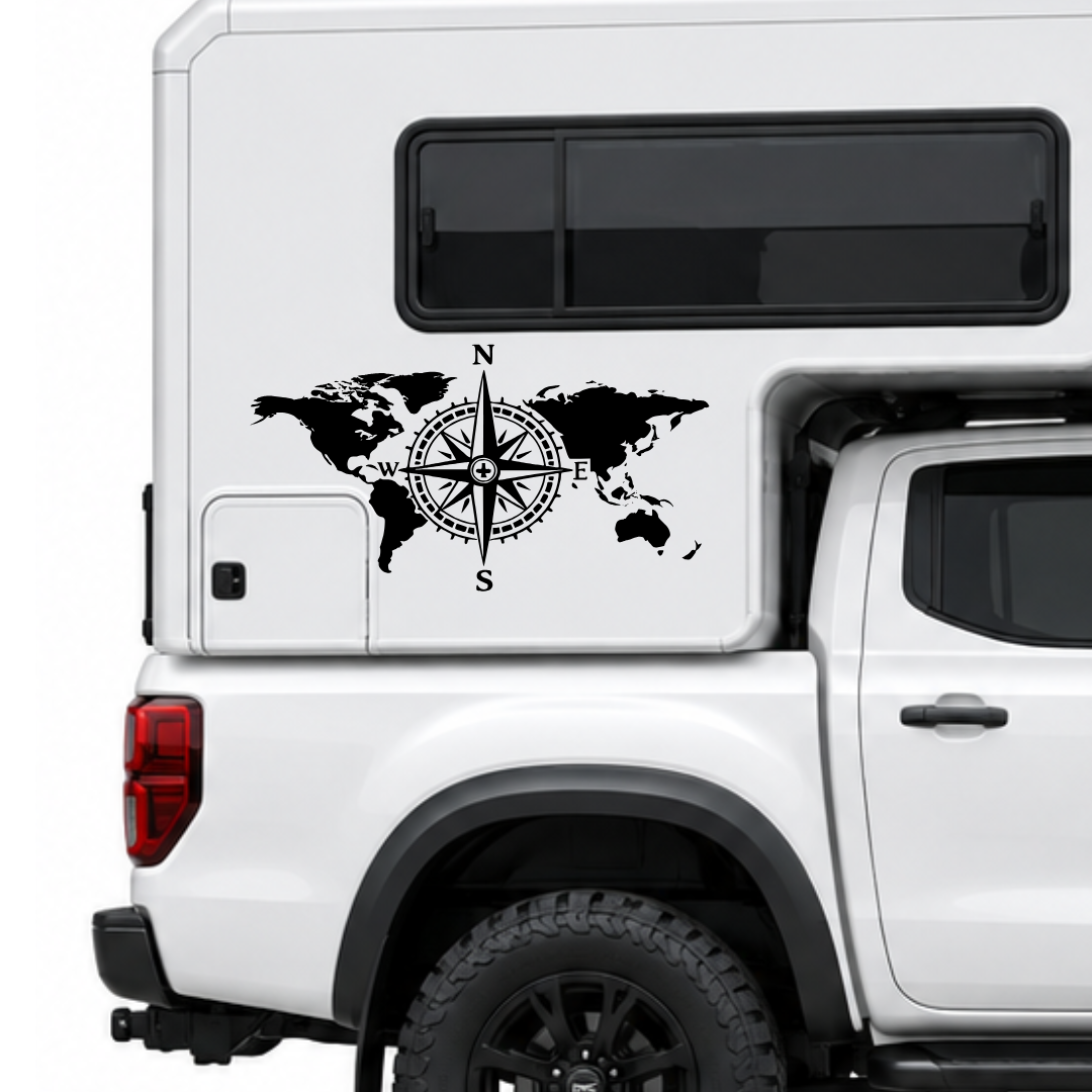 Weltkarte mit Kompass Aufkleber für Wohnmobil, Wohnwagen & Camper