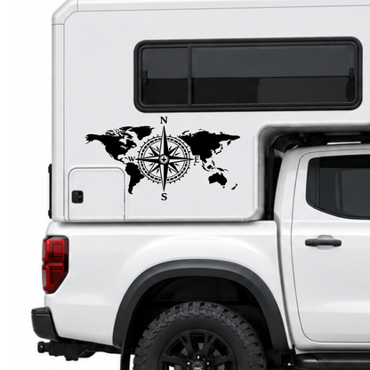 Weltkarte mit Kompass Aufkleber für Wohnmobil, Wohnwagen & Camper