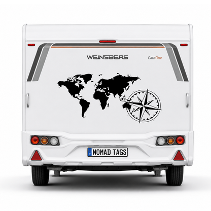 Weltkarten Aufkleber mit Kompass für Wohnmobil, Camper & Van | ORACAL® Premiumfolie