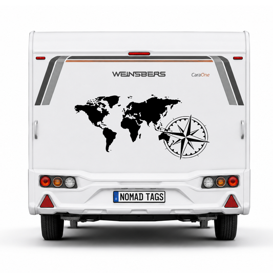 Weltkarten Aufkleber mit Kompass für Wohnmobil, Camper & Van | ORACAL® Premiumfolie