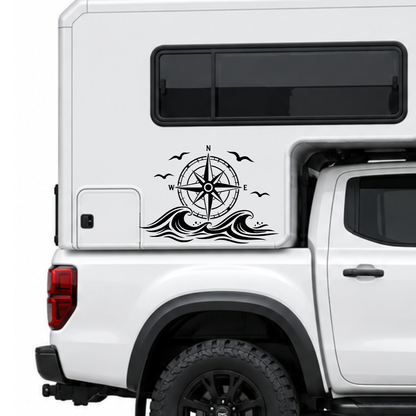 Kompass mit Wellen & Möwen Aufkleber für Wohnmobil, Wohnwagen und Camper | Maritimer Fahrzeugaufkleber