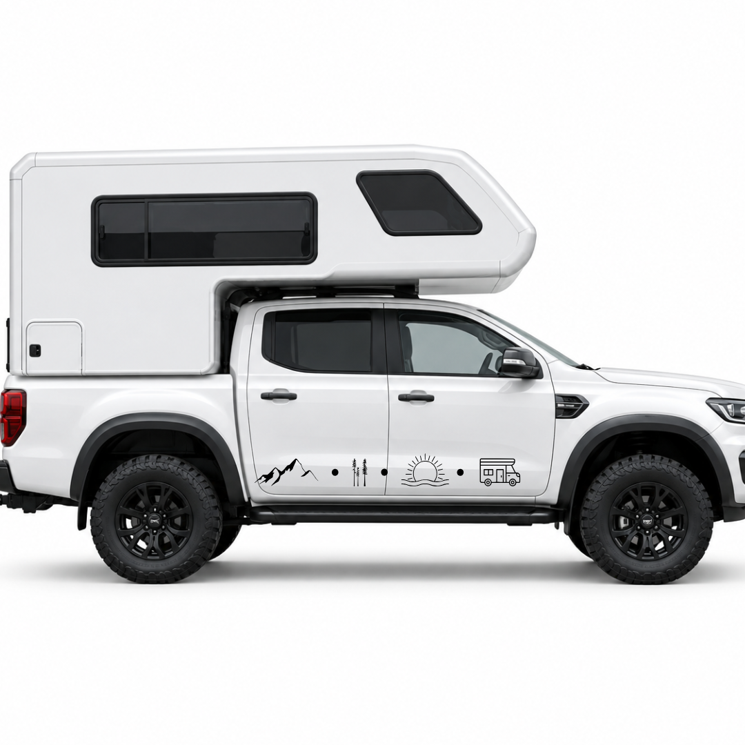 Camping Symbole Aufkleber mit Bergen, Wald, Sonne & Wohnmobil | Camper- und Wohnwagen-Aufkleber aus ORACAL® Folie