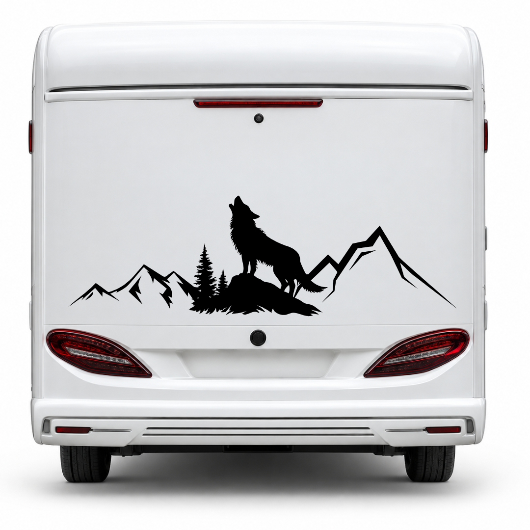 Wolf & Berge Aufkleber für Wohnmobil, Wohnwagen und Camper
