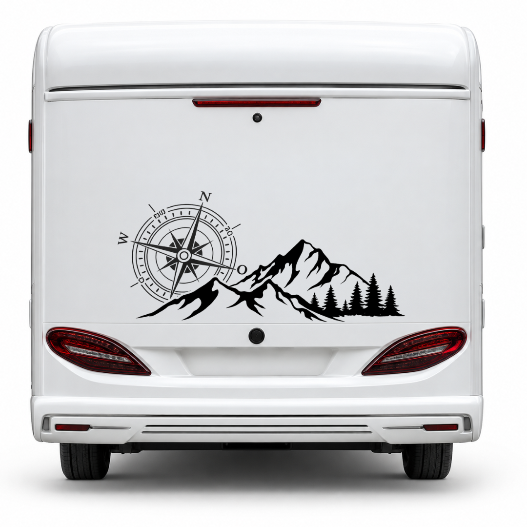 Camper Aufkleber Kompass Berge & Wald