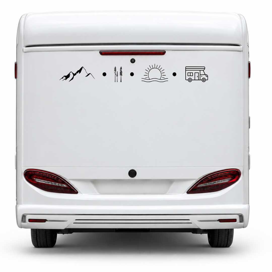 Camping Symbole Aufkleber mit Bergen, Wald, Sonne & Wohnmobil | Camper- und Wohnwagen-Aufkleber aus ORACAL® Folie