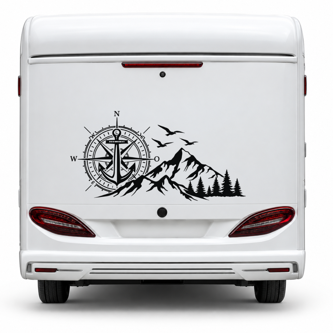 Camper Aufkleber Kompass Anker Berge & Wald